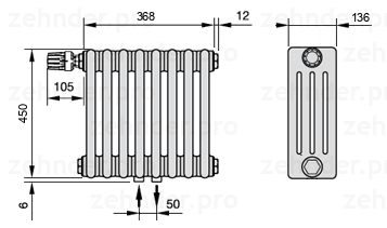 Схема (чертеж) Радиатор Zehnder Charleston 4045/8 №V007 Белый глянцевый RAL 9016